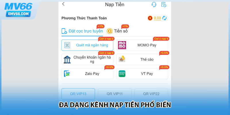 Đa dạng kênh nạp tiền phổ biến
